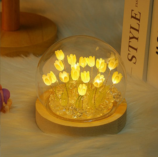 Elosung (Ten Pink Tulips) Glowing Dome Lamp Wooden Base Bedside Table Decoration Lamps