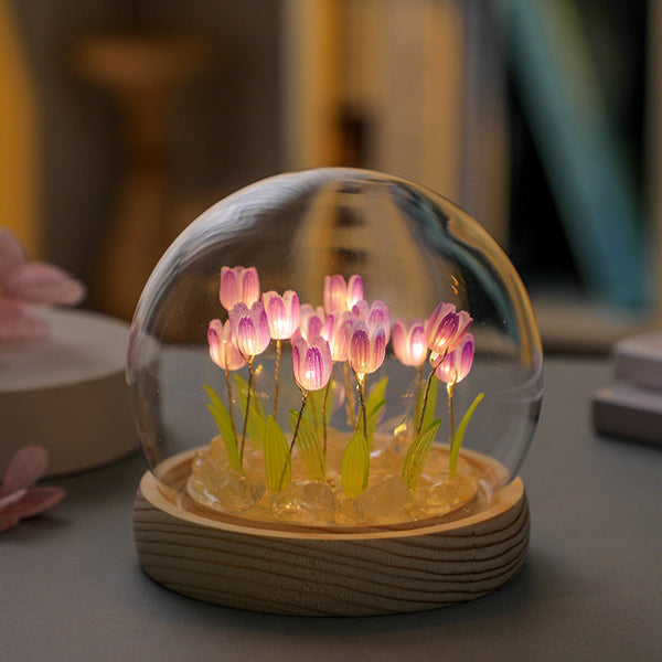 Elosung (Ten Pink Tulips) Glowing Dome Lamp Wooden Base Bedside Table Decoration Placeholder