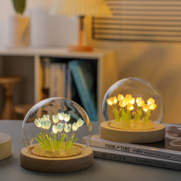 (Thirteen Blue Tulips) Glowing Dome Lamp Wooden Base Bedside Table Decoration Lamps