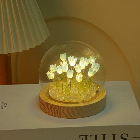 (Thirteen Blue Tulips) Glowing Dome Lamp Wooden Base Bedside Table Decoration Lamps
