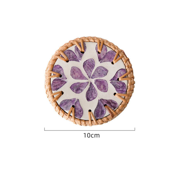 Set Of 5 Rattan & Shell Decorative Heat Resistant Purple Heart Pattern Coasters