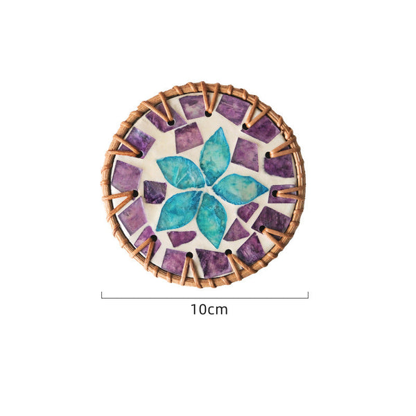 Elosung 5 Rattan & Shell Decorative Heat Resistant Purple Blue Flower Coasters