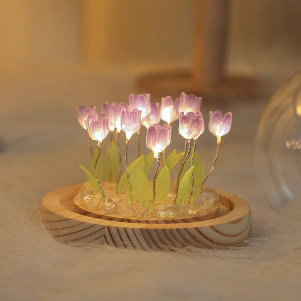 Purple Tulip Dome Lamp With Wooden Base For Bedside Table Or Home Decor Lamps