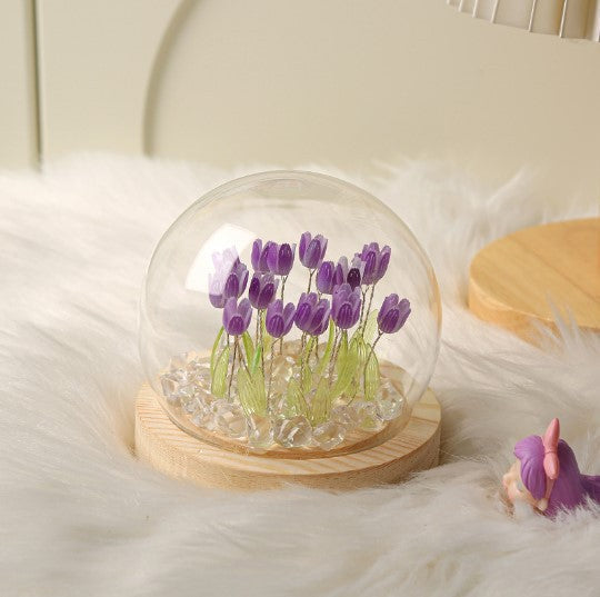 Purple Tulip Dome Lamp With Wooden Base For Bedside Table Or Home Decor Lamps