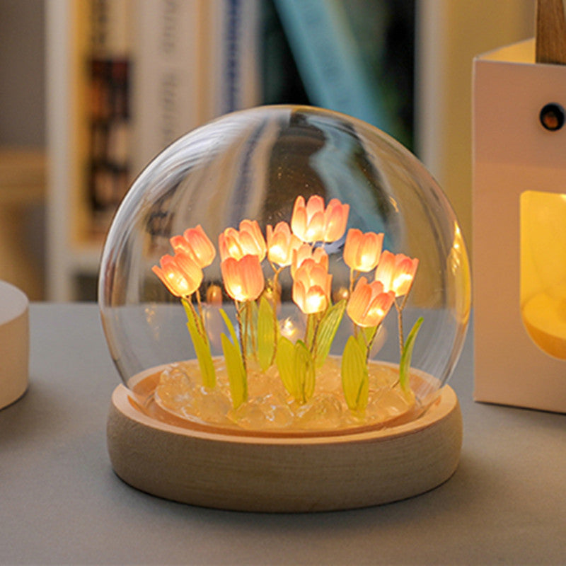 Pink Tulip Dome Lamp With Wooden Base For Bedside Table Or Home Accent Lamps