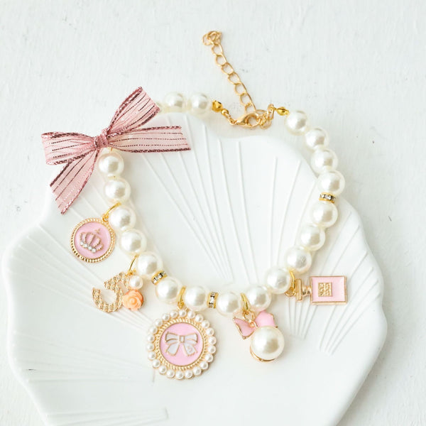 Pink 4 Pcs Pearl Charm Pet Necklace Adjustable Bowknot Collar For Small Dogs & Cats (S: 20+5Cm) Dog Collars