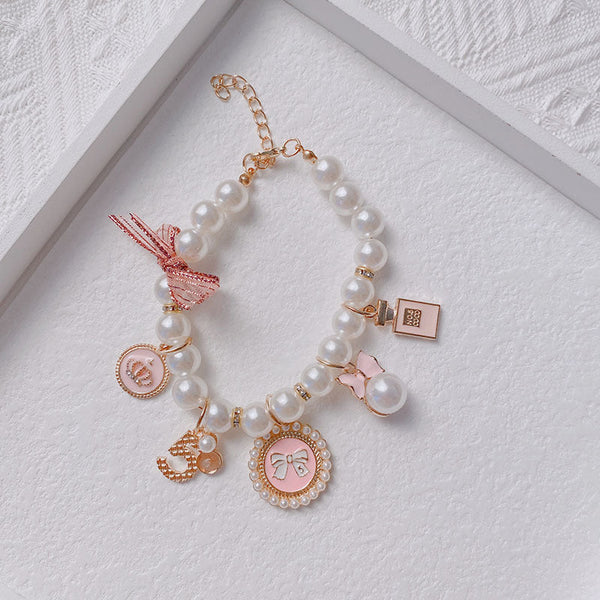 Pink 4 Pcs Pearl Charm Pet Necklace Adjustable Bowknot Collar For Small Dogs & Cats (S: 20+5Cm) Dog Collars
