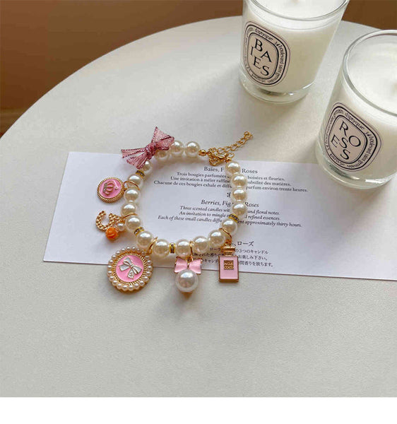 Pink 4 Pcs Pearl Charm Pet Necklace Adjustable Bowknot Collar For Small Dogs & Cats (S: 20+5Cm) Dog Collars