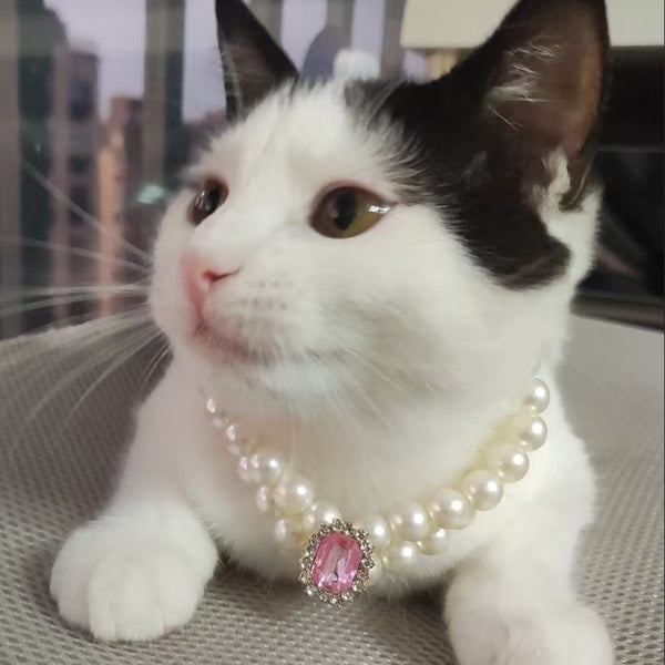 Elosung 3 Pcs Pink Diamond Double Strand Pearl & Rhinestone Pet Necklace Luxury Collar For Cats Dogs Size M (25 31Cm) Dog Collars