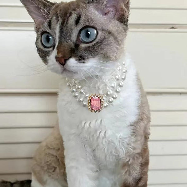 Elosung 3 Pcs Pink Diamond Double Strand Pearl & Rhinestone Pet Necklace Luxury Collar For Cats Dogs Size (30 36Cm) Dog Collars