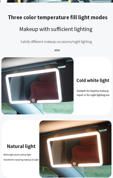 White Double Button Car Sun Visor Makeup Mirror With Led Light Tri Color Touch Control Makeup Mirrors