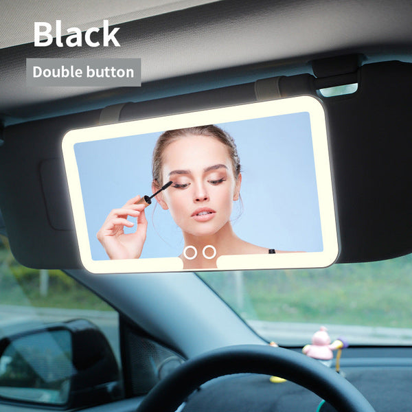 White Double Button Car Sun Visor Makeup Mirror With Led Light Tri Color Touch Control Makeup Mirrors