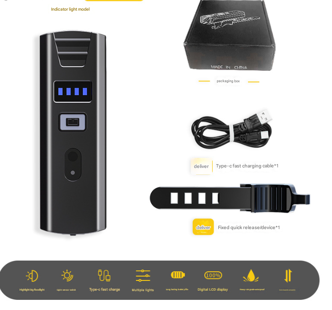 Bike Headlight Rechargeable Led Bicycle Front Light 85A Floodlight (Battery Display Model) Lights & Reflectors