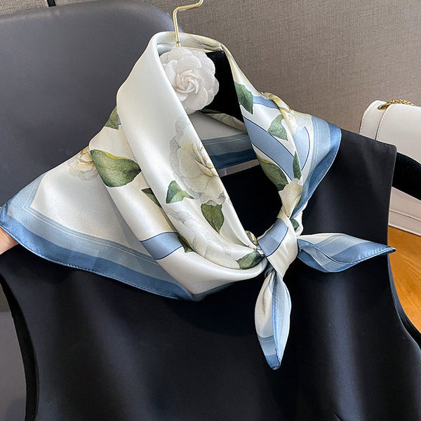 Blue Flowers Women's Floral Print Mulberry Silk Shawl 53Cm (Style 2) Scarves & Wraps