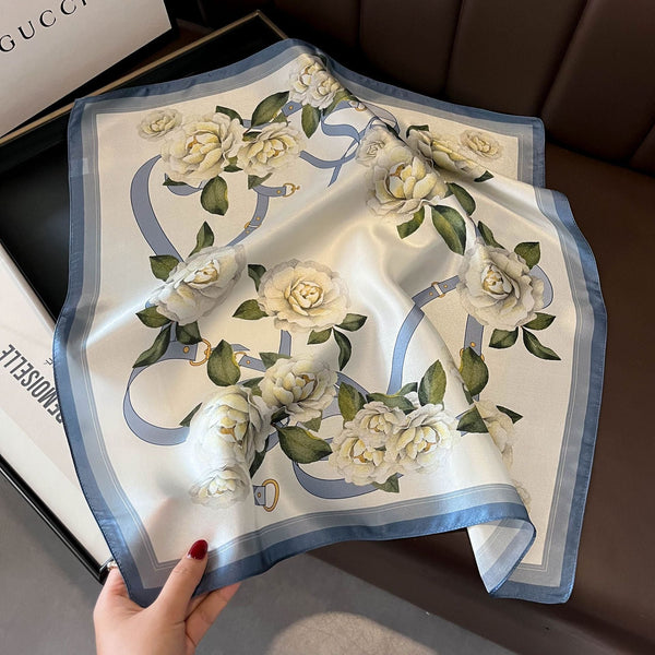 Blue Flowers Women's Floral Print Mulberry Silk Shawl 53Cm (Style 2) Scarves & Wraps