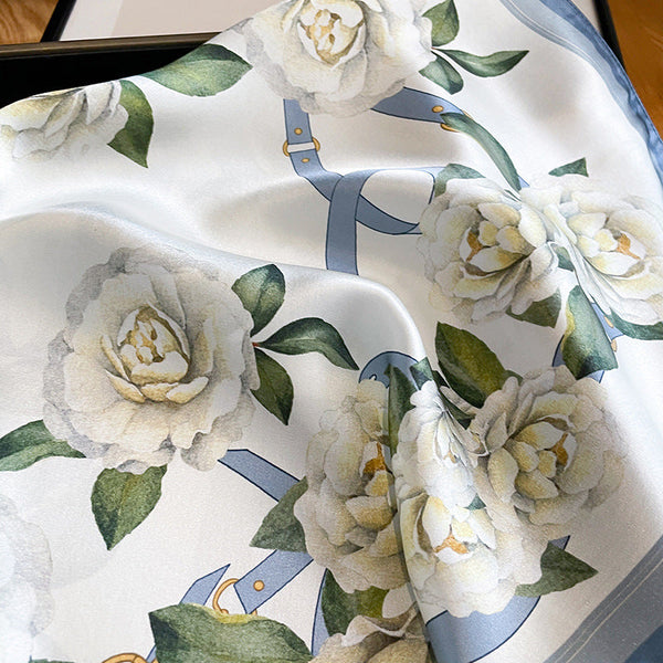 Blue Flowers Women's Floral Print Mulberry Silk Shawl 53Cm (Style 2) Scarves & Wraps