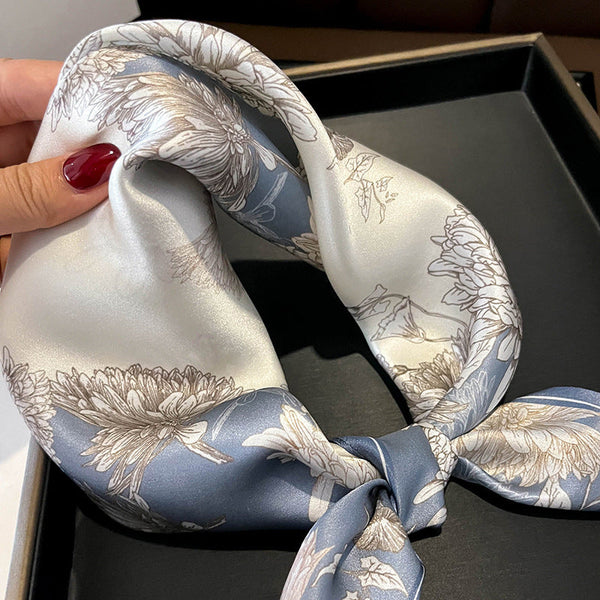 Blue Chrysanthemum Women's Floral Print Mulberry Silk Shawl 53Cm (Style 4) Scarves & Wraps