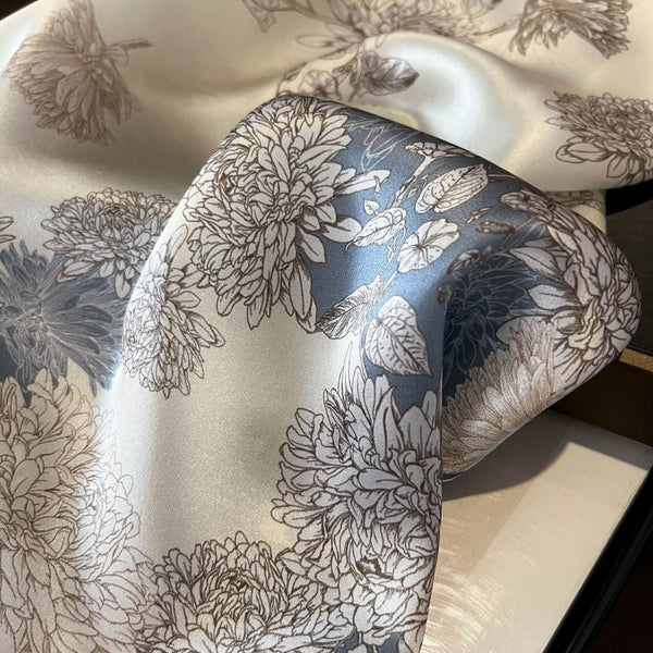 Blue Chrysanthemum Women's Floral Print Mulberry Silk Shawl 53Cm (Style 4) Scarves & Wraps