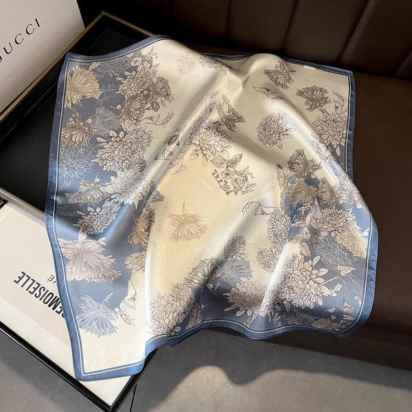 Blue Chrysanthemum Women's Floral Print Mulberry Silk Shawl 53Cm (Style 4) Scarves & Wraps