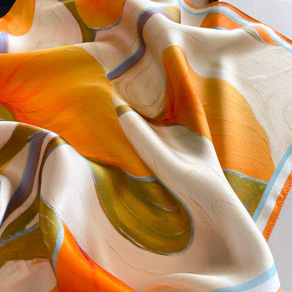 Orange Lotus Leaf Women's Floral Print Mulberry Silk Shawl 53Cm (Style 5) Scarves & Wraps