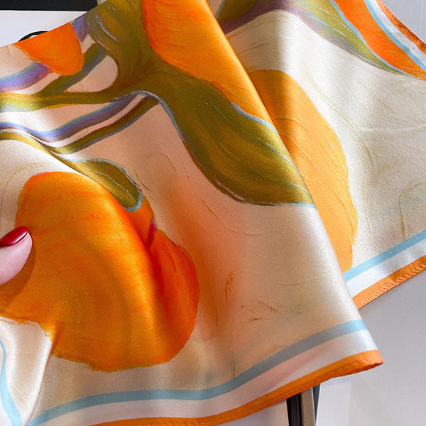 Orange Lotus Leaf Women's Floral Print Mulberry Silk Shawl 53Cm (Style 5) Scarves & Wraps