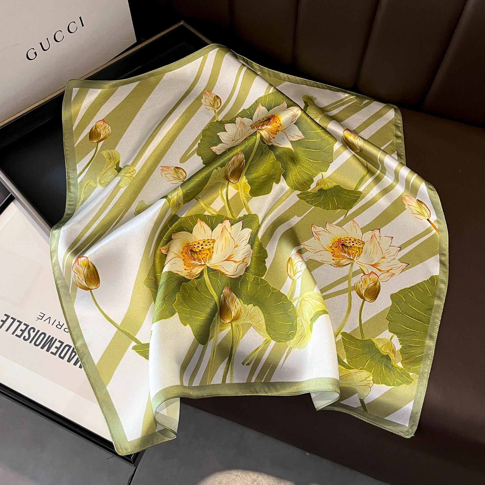 Green Lotus 53Cm Silk Scarf 100% Mulberry Floral Print Women's Square Shawl Style Scarves & Wraps