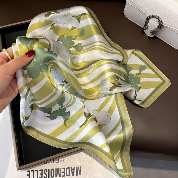 Green Flowers 53Cm Silk Scarf 100% Mulberry Floral Print Women's Square Shawl (Style 2) Scarves & Wraps