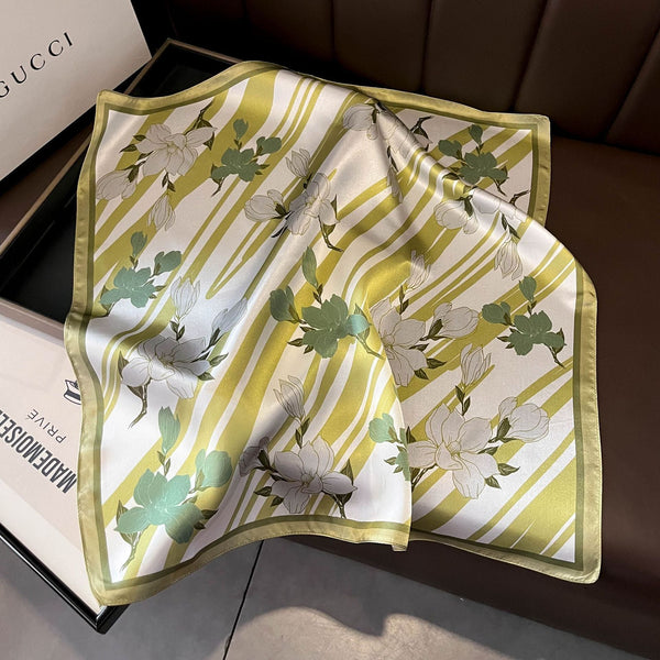 Green Flowers 53Cm Silk Scarf 100% Mulberry Floral Print Women's Square Shawl (Style 2) Scarves & Wraps