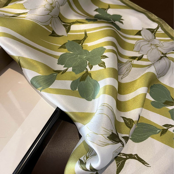 Green Flowers 53Cm Silk Scarf 100% Mulberry Floral Print Women's Square Shawl (Style 2) Scarves & Wraps