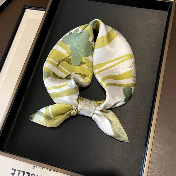Green Flowers 53Cm Silk Scarf 100% Mulberry Floral Print Women's Square Shawl (Style 2) Scarves & Wraps