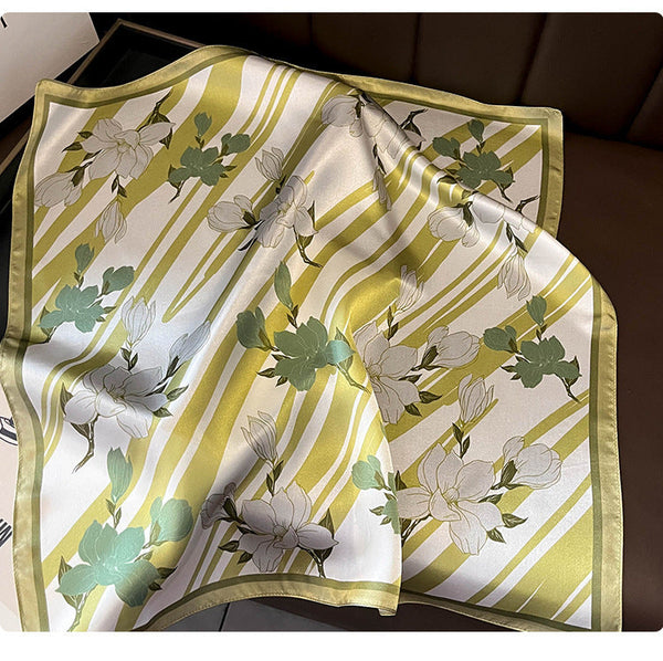 Green Flowers 53Cm Silk Scarf 100% Mulberry Floral Print Women's Square Shawl (Style 2) Scarves & Wraps