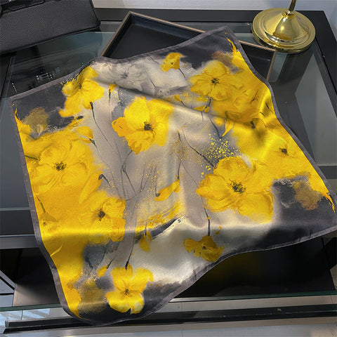 Yellow Flower Black Background 53Cm Silk Scarf 100% Mulberry Floral Print Women's Shawl Scarves & Wraps