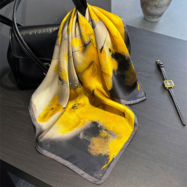 Yellow Flower Black Background 53Cm Silk Scarf 100% Mulberry Floral Print Women's Shawl Scarves & Wraps