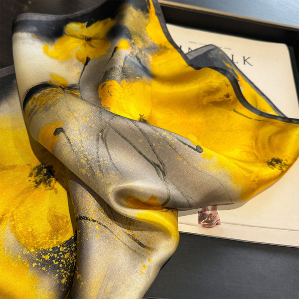 Yellow Flower Black Background 53Cm Silk Scarf 100% Mulberry Floral Print Women's Shawl Scarves & Wraps