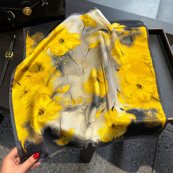 Yellow Flower Black Background 53Cm Silk Scarf 100% Mulberry Floral Print Women's Shawl Scarves & Wraps