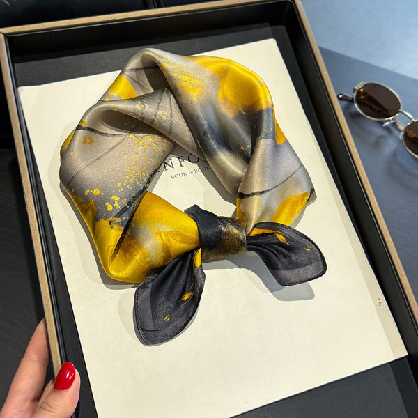 Yellow Flower Black Background 53Cm Silk Scarf 100% Mulberry Floral Print Women's Shawl Scarves & Wraps