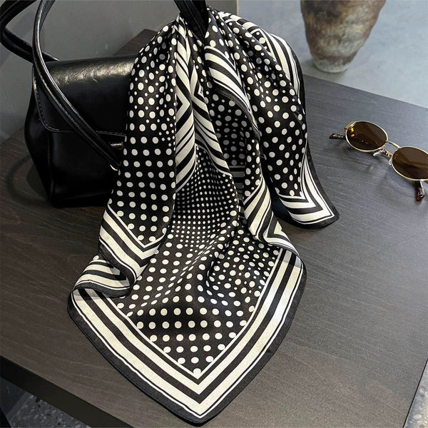 Black Polka Dots 53Cm Silk Scarf 100% Mulberry Floral Print Women's Square Shawl (Style 5) Scarves & Wraps