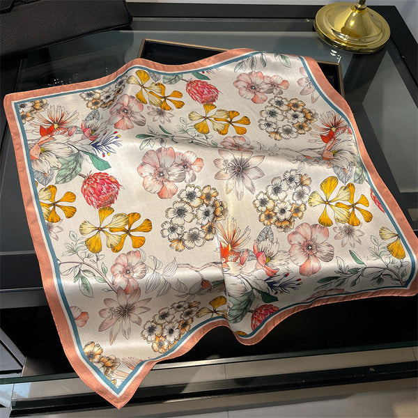 Orange 53Cm Silk Scarf 100% Mulberry Floral Print Women's Square Shawl (Style 6) Scarves & Wraps