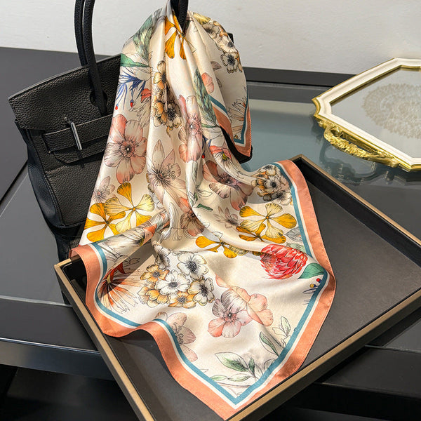 Orange 53Cm Silk Scarf 100% Mulberry Floral Print Women's Square Shawl (Style 6) Scarves & Wraps