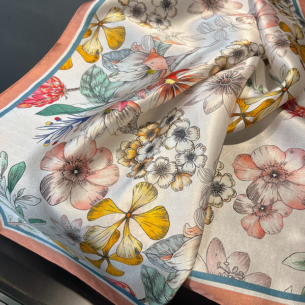 Orange 53Cm Silk Scarf 100% Mulberry Floral Print Women's Square Shawl (Style 6) Scarves & Wraps