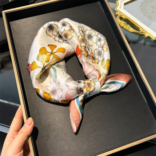 Orange 53Cm Silk Scarf 100% Mulberry Floral Print Women's Square Shawl (Style 6) Scarves & Wraps