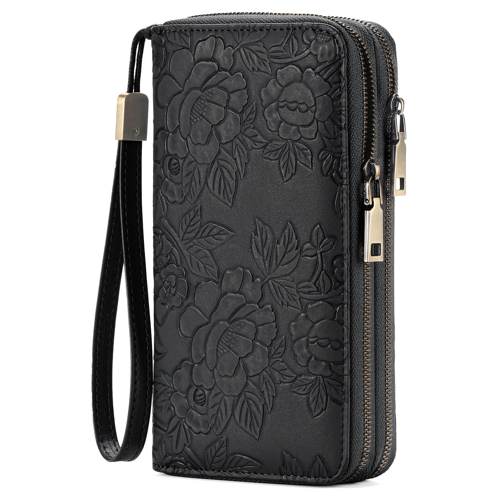 Black Embossed Design Large Capacity Vegan Leather Wallet With Wristlet Wallets