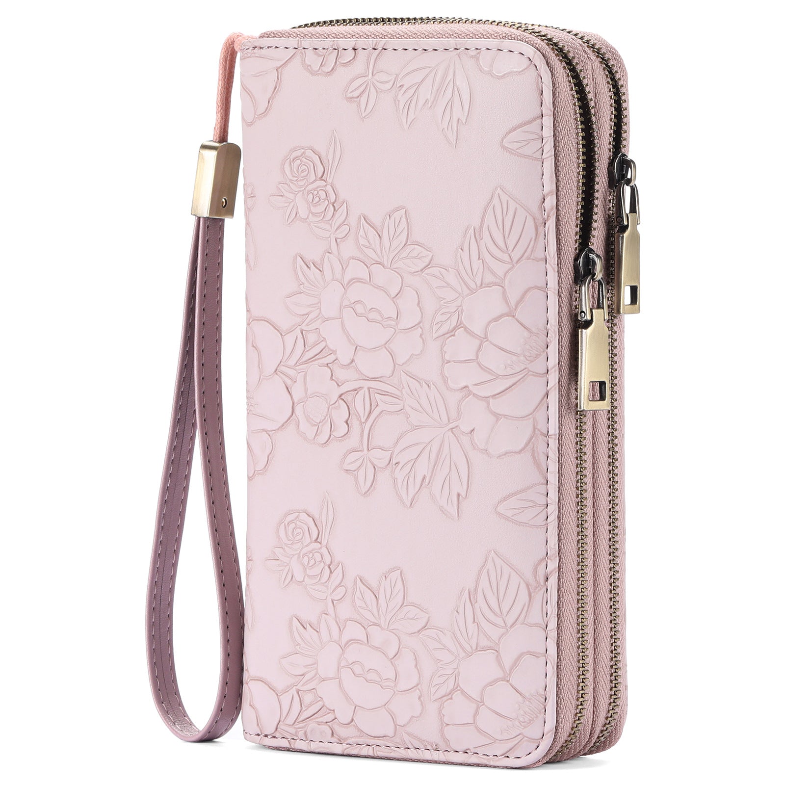Pink Embossed Design Large Capacity Vegan Leather Wallet With Wristlet Wallets