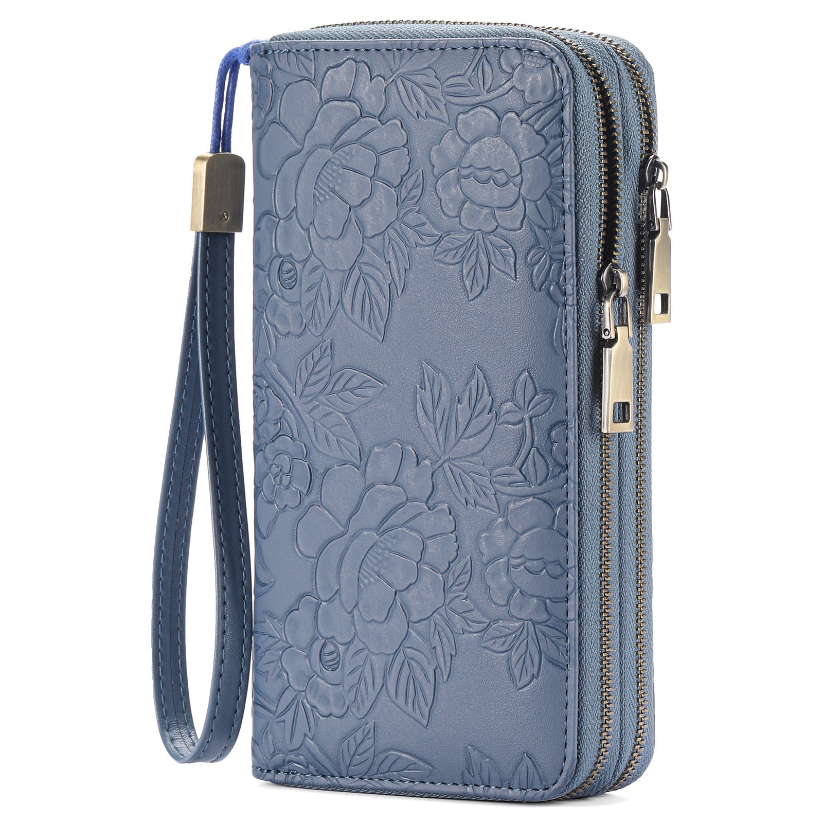Blue Embossed Design Large Capacity Vegan Leather Wallet With Wristlet Strap Wallets