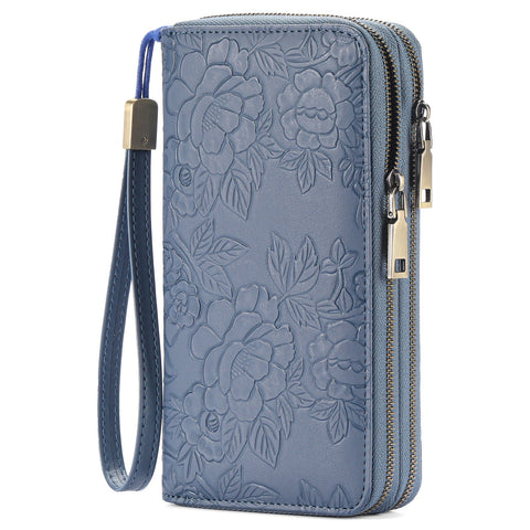 Blue Embossed Design Large Capacity Vegan Leather Wallet With Wristlet Strap Wallets