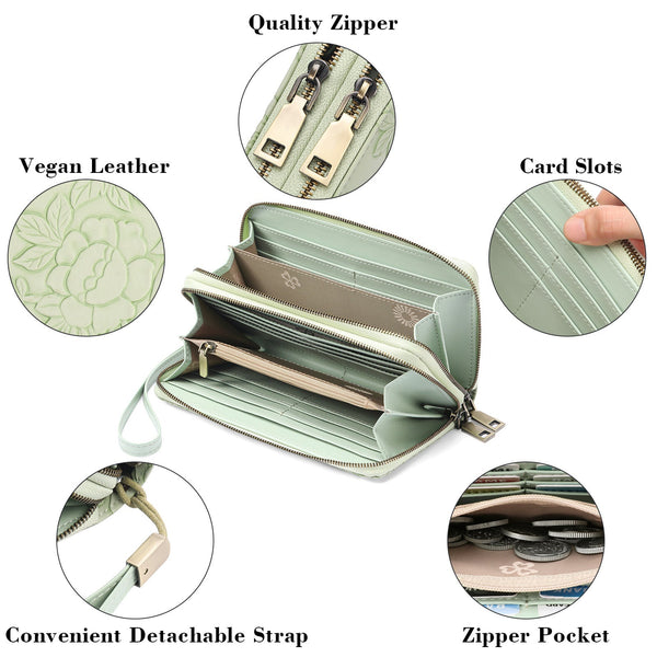 Blue Embossed Design Large Capacity Vegan Leather Wallet With Wristlet Strap Wallets