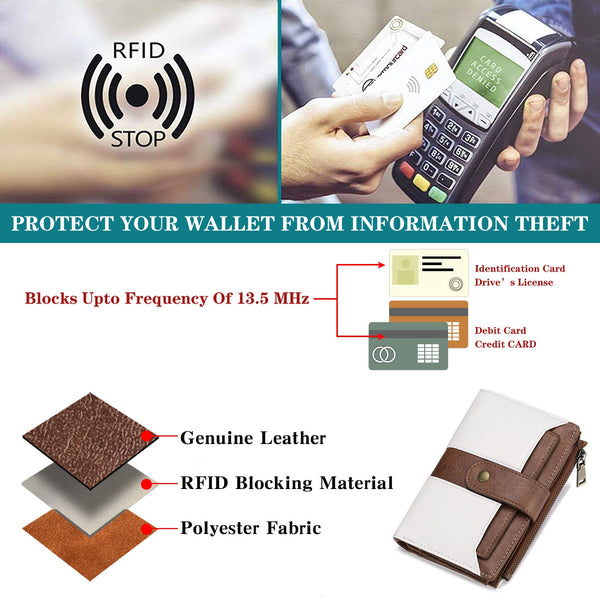 White And Brown Compact Leather Wallet 20 Card Slots Zipper Coin Pocket Wallets