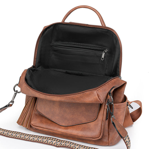 Coffee Rough Grain Fashionable Women's Backpack Set With Coin Purse And Tassels Women Backpacks