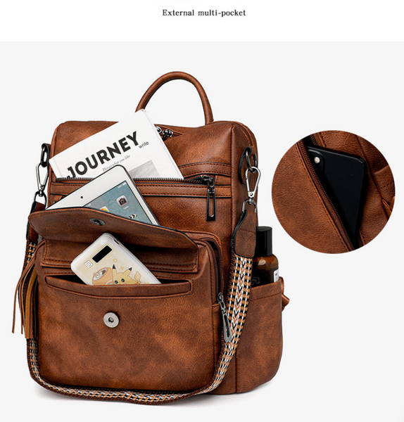 Coffee Rough Grain Fashionable Women's Backpack Set With Coin Purse And Tassels Women Backpacks