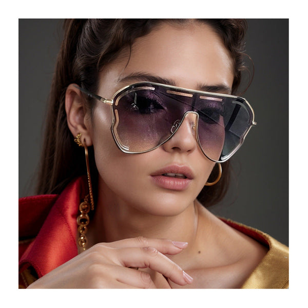 2 Pcs Gold Frame Double Gray Film Oversized Aviator With Unique Cutout Design Sunglasses